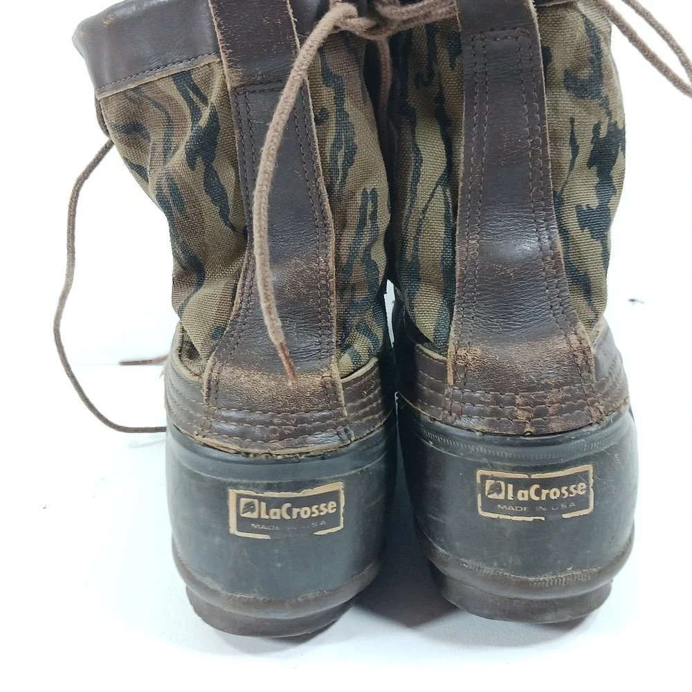LaCrosse Vintage Duck Boots Mens Tiger Stripe Camo Rubber Waterproof Made in USA